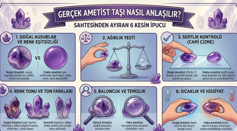 Gerçek ametist taşı nasıl anlaşılır sorusunu yanıtlayan; doğal kusurlar, ağırlık testi, camı çizme, renk tonu, baloncuk kontrolü ve sıcaklık hissiyatı gibi sahte ametist ayırma yöntemlerini gösteren 6 aşamalı infografik.