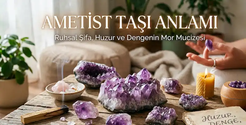 ametist taşı anlamı yazısının altında ametist taşı masa üzerinde