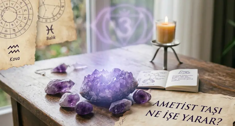 masa üzerinde duran ametist taşı ve yanında ametist taşı ne işe yarar yazısı yazan bir not