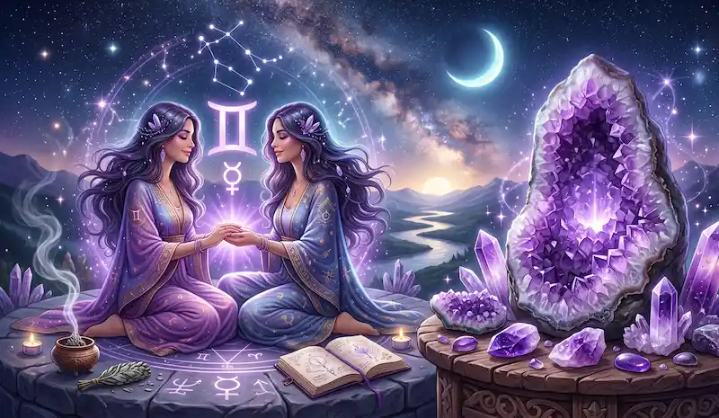sağda ikizler solda ametist taşı ile meditasyon yapıyorlar ve ikizler burcu ametist taşı kullanabilir mi sorusunu yanıtlıyorlar