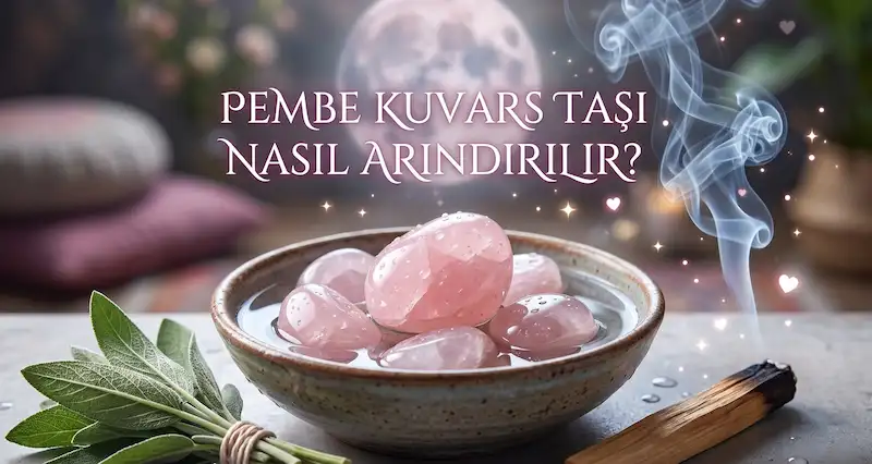 Suda bekleyen pembe kuvars taşları, taze adaçayı, palo santo tütsüsü ve arka planda parlayan dolunay ile birlikte 'Pembe Kuvars Taşı Nasıl Arındırılır?' yazan spiritüel arınma ritüeli görseli.