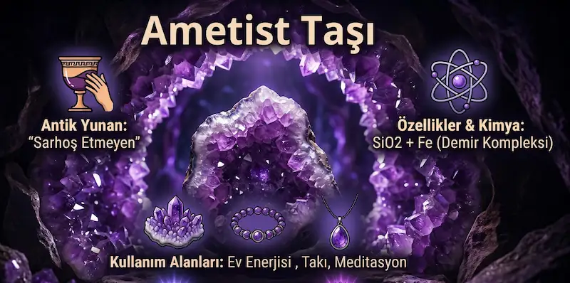 Mağaranın ortasında duran ametist taşı solda antik yunancası sağda kimyasal formülü