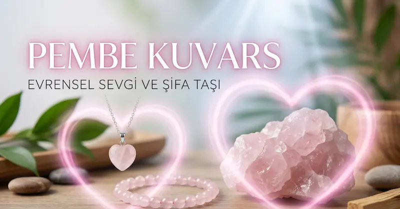 bir masa üzerinde pembe kuvars bileklik solunda kolye sağında kütle