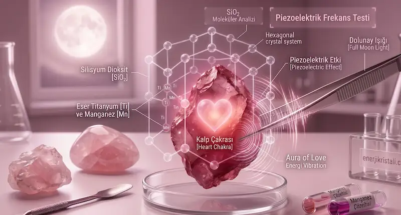 Pembe kuvars taşı faydaları ve özelliklerini anlatan bir görsel ortada pembe kuvars içinde kalp taşı tutan bir cımbız vemasanın üzerinde duran tüpler var