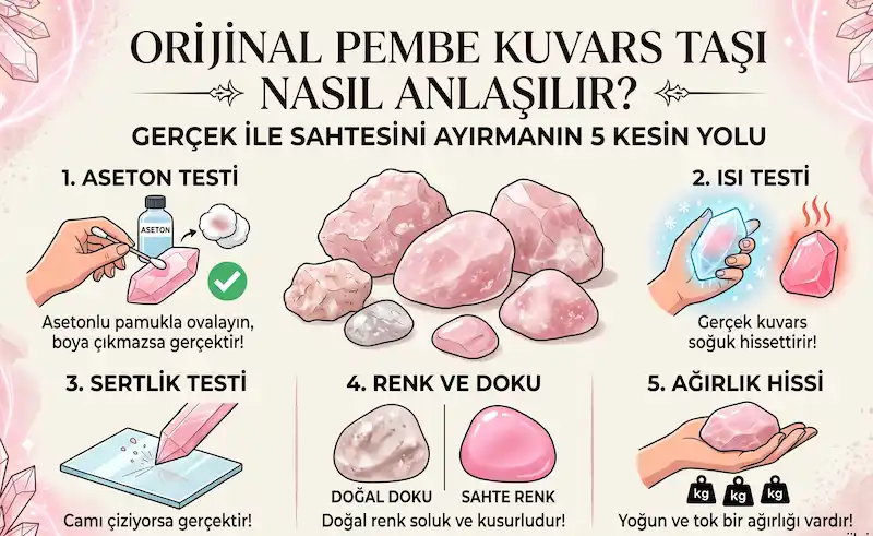 orijinal pembe kuvars taşı nasıl anlaşılır illüstrasyon ortada pembe kuvars taşı etrafında gerçeklik için testler