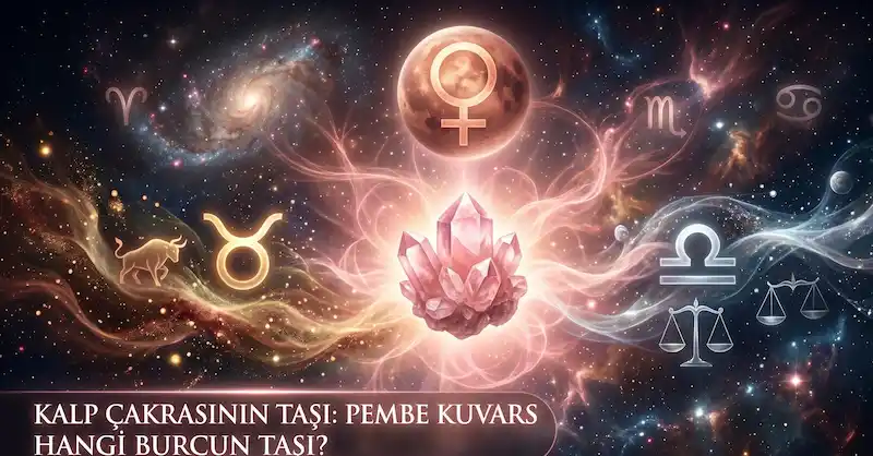 sol altta pembe kuvars hangi burcun taşı yazısı ve ortada pembe kuvars bir galaksinin içinde üsttede venüs